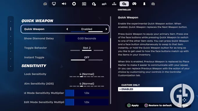 The Quick Weapon Action options in the Fortnite settings menu