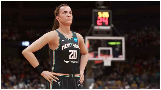 NBA 2K24 screenshot showing WNBA player in front of the hoop