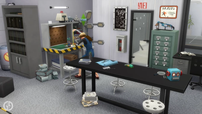 Image of a Sim using the robotics station