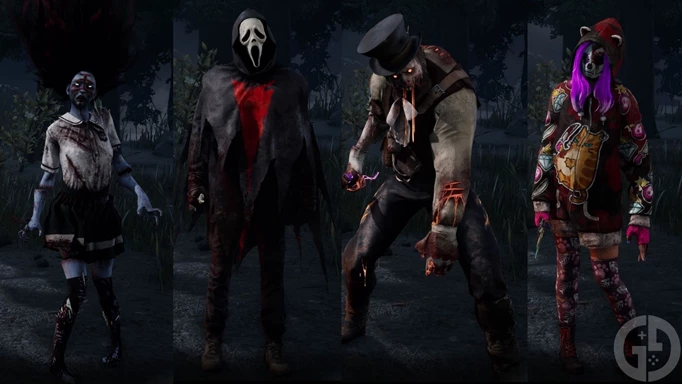 An assortment of Killers in Dead by Daylight. From left: The Spirit, The Ghost Face, The Bliight and The Legion