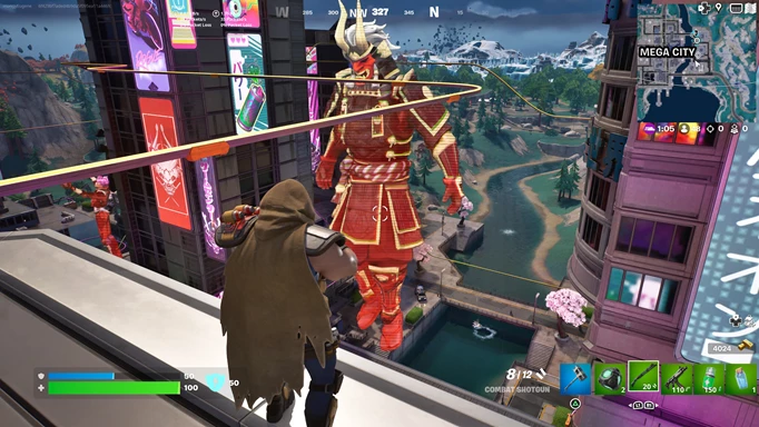 A Fortnite character looking over the masked warrior made of light.