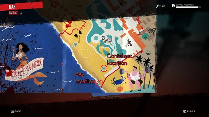 an image of the Dead Island 2 map showing the Lifeguard Hut Safe key location