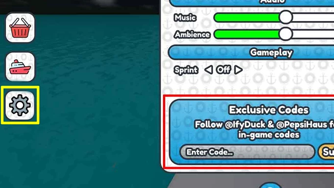 The image shows you how to redeem codes in Yacht Tycoon.