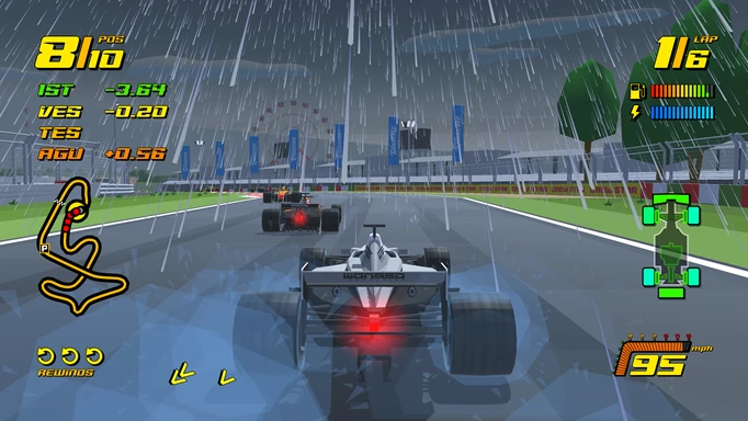 A car battles against torrential rain on the track in New Star GP.
