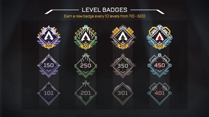 Un'immagine promozionale dei badge di livello nelle leggende dell'apice