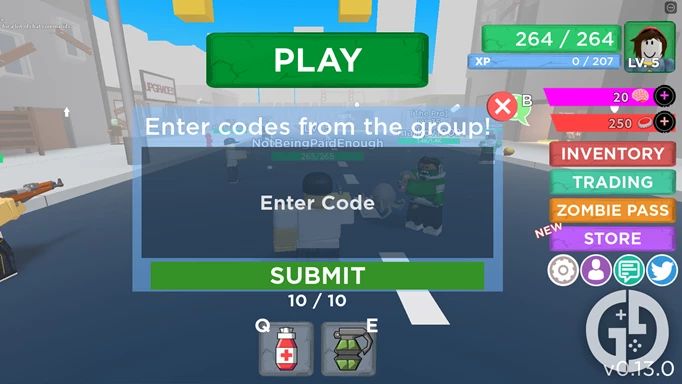 The codes menu in Zombie Strike