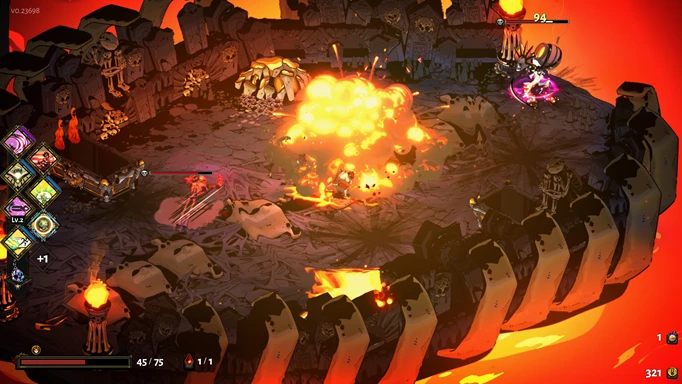 A battle arena engulfed in flame in Hades