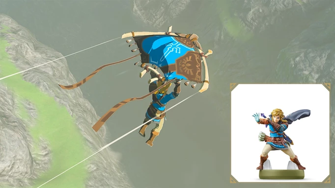 an image of the Tears of the Kingdom Link Amiibo and the glider skin you can earn in the game