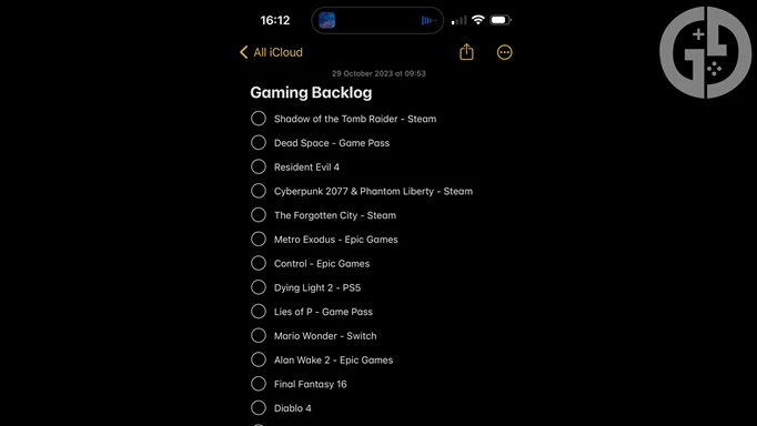 Josh's Gaming Backlog in his iPhone notes page