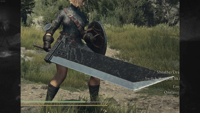 A fighter holding Cloud's Buster Sword in Dragon's Dogma 2