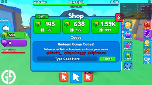 The interface for redeeming Tower Merge Simulator codes.