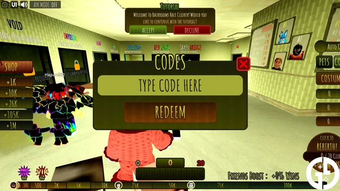 The code redemption screen in Roblox Backrooms Race