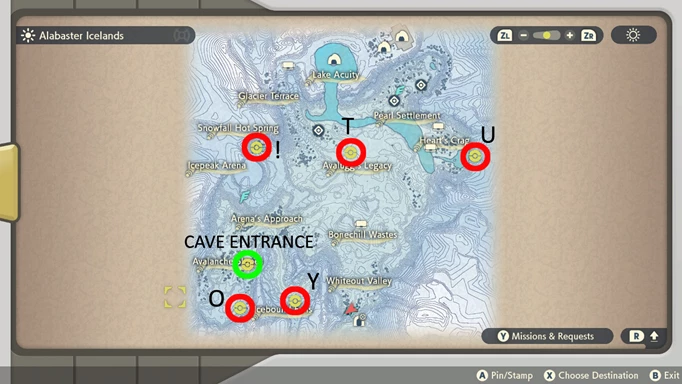Pokemon Legends Arceus Unown Locations: map of alabaster icelands unown locations