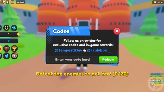 The code redemption screen for Anime Idle Simulator for Roblox