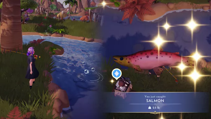 Screenshot showing how to catch Salmon, an ingredient of Sake Maki in Disney Dreamlight Valley