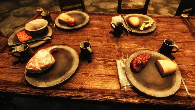 A platter of food in Skyrim.