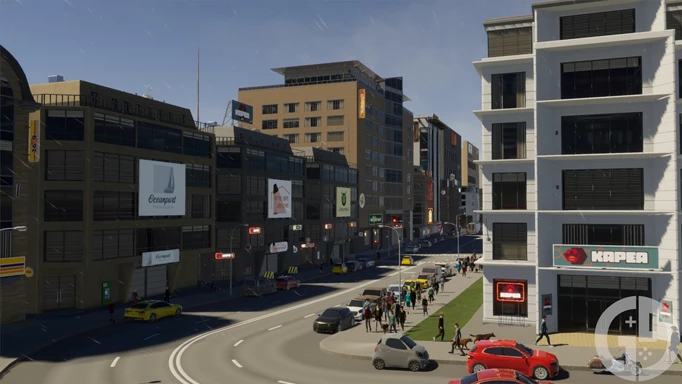 Image of commercial buildings in Cities Skylines 2