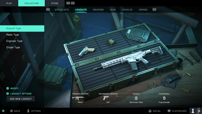 A loadout menu, with a rifle sitting in a crate.