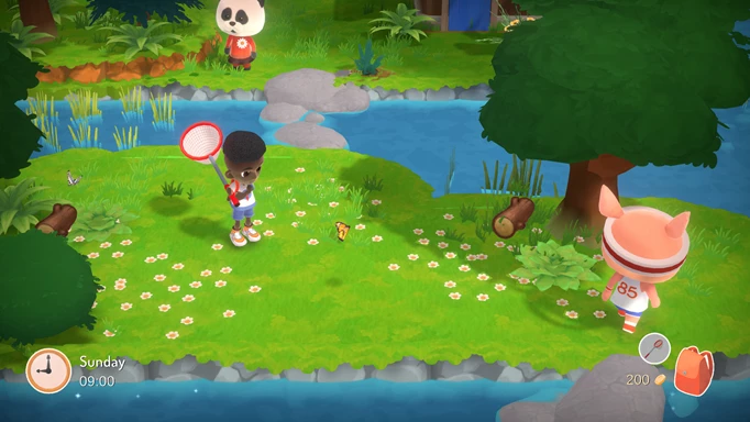 The player uses a net to catch a butterfly in Hokko Life