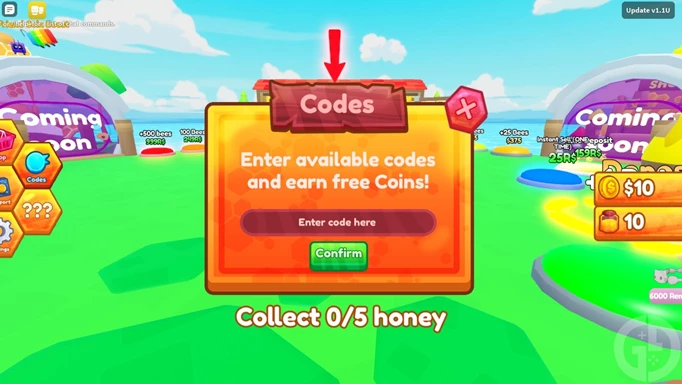 The code redemption screen in Bee Factory for Roblox