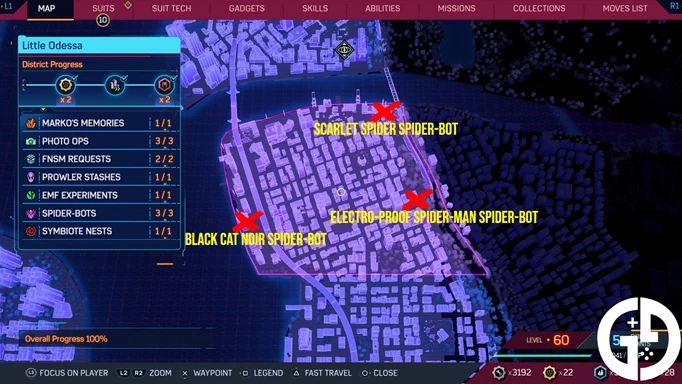 The Little Odessa map of Spider-Bot locations in Spider-Man 2
