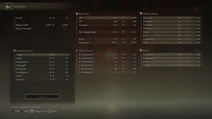 Screenshot showing build stats for the Samurai in Elden Ring