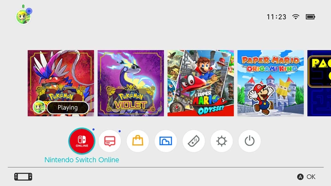 The Nintendo Switch home screen with the Nintendo Switch Online button highlighted to illustrate how to get Pokemon Scarlet and Violet Switch Icons