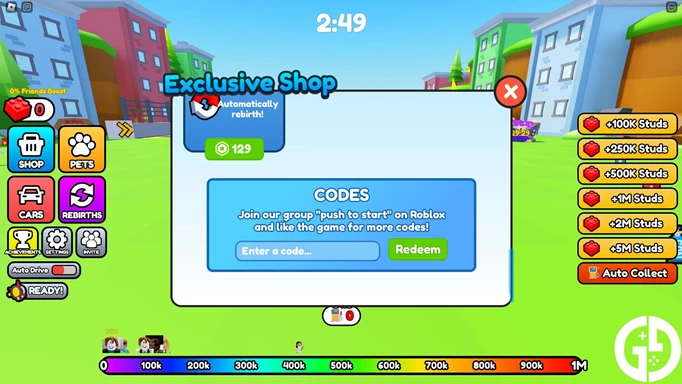 Codes page in Car Race
