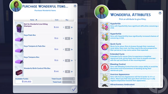 Screenshot showing the Wonderful Whims mod options in The Sims 4