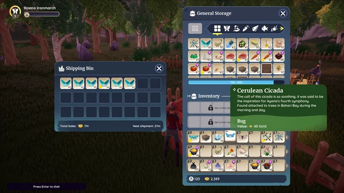Palia in-game screenshot of the Cerulean Cicada selling price