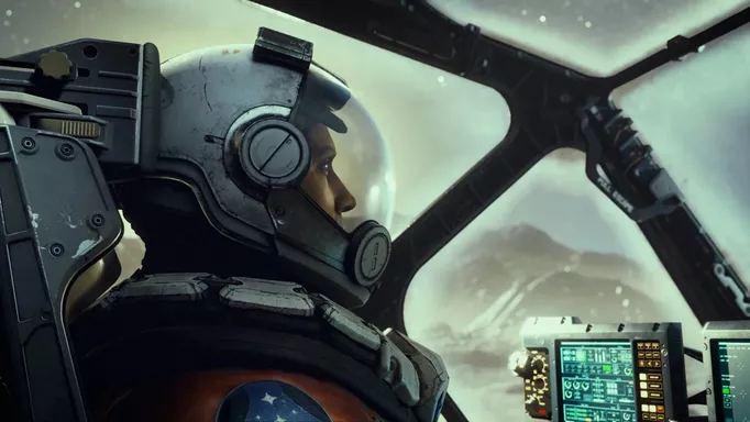A pilot in the cockpit of a spaceship in Starfield.