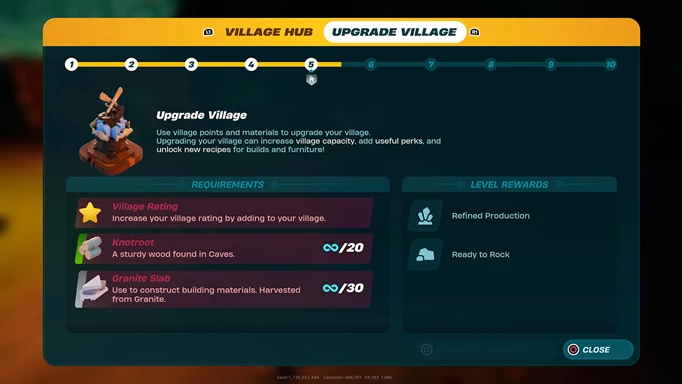 The upgrade village screen in LEGO Fortnite