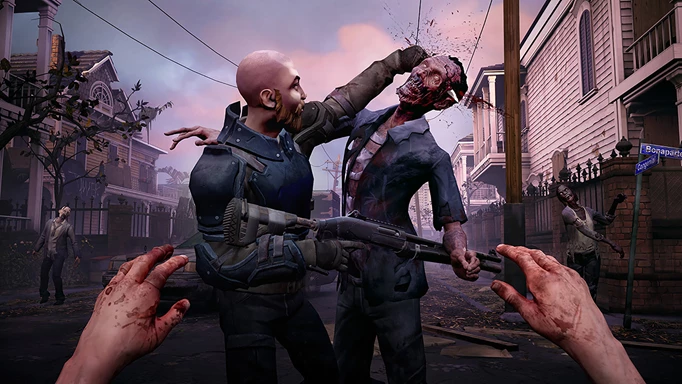 A bald man fights off a zombie with a knife to the head in Walking Dead Saints and Sinners