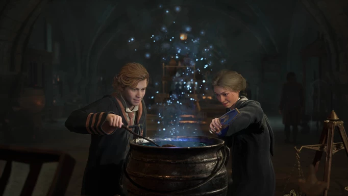 Two characters brewing a potion in a cauldron