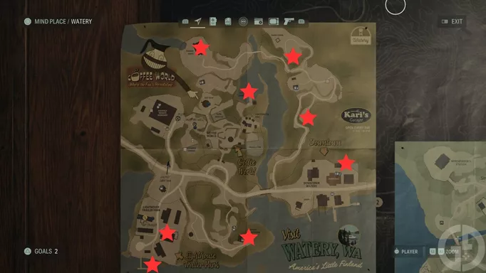 A map showing the location of Watery Nursery Rhymes in Alan Wake 2