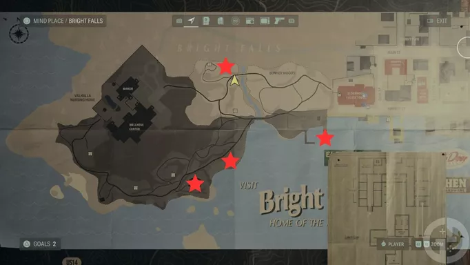A map showing the locations of the Bright Falls Nursery Rhymes in Alan Wake 2