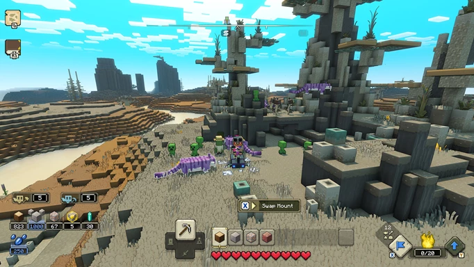Screenshot of the character in Minecraft Legends in a deset, surrounded by purple big cats