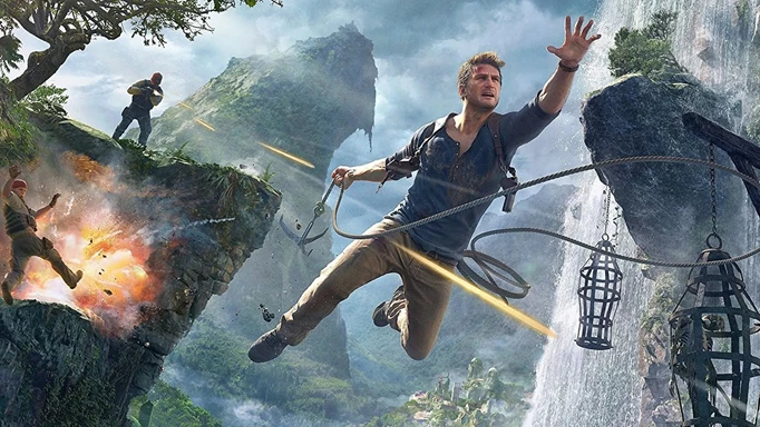 Nathan Drake leaping across a chasm, while soldiers are shooting at him