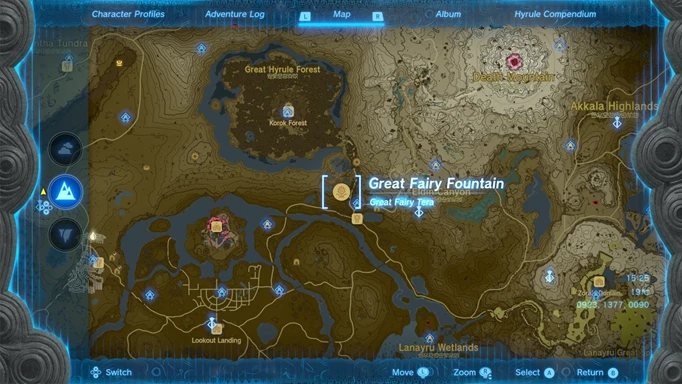 Screenshot of the Great Fairy Fountain Tera map location in Zelda: Tears of the Kingdom