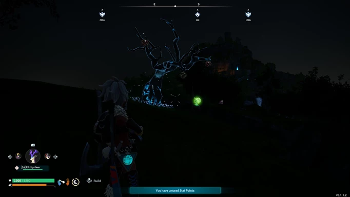 a lifmunk effigy glows at night under a blue glowing tree in palworld