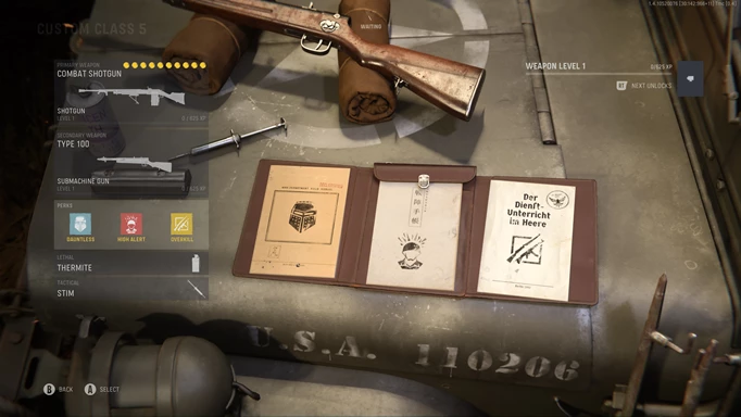 A loadout menu with a dossier file on a crate.