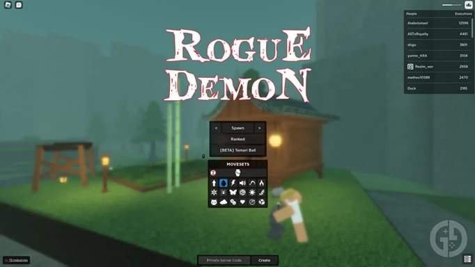 the private server code window in Rogue Demon