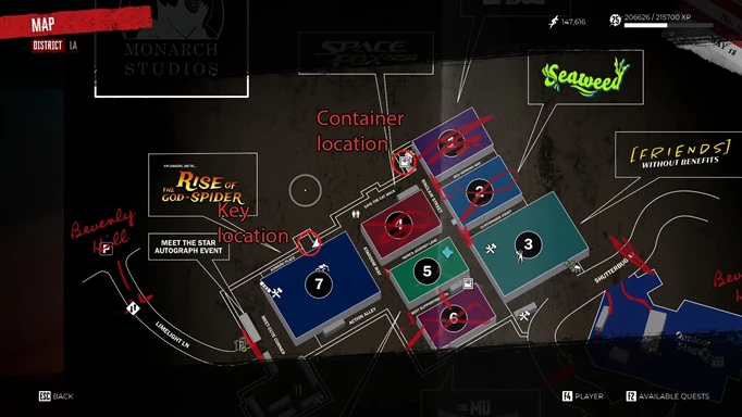 изображение карты Dead Island 2, показывающее местоположение ключа Space Fox 2250 Prop.