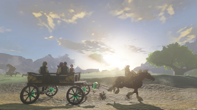 Link riding a horse tied to a cart in Tears of the Kingdom.