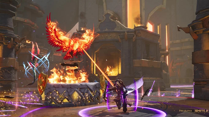 Gods attacking a phoenix in SMITE 2