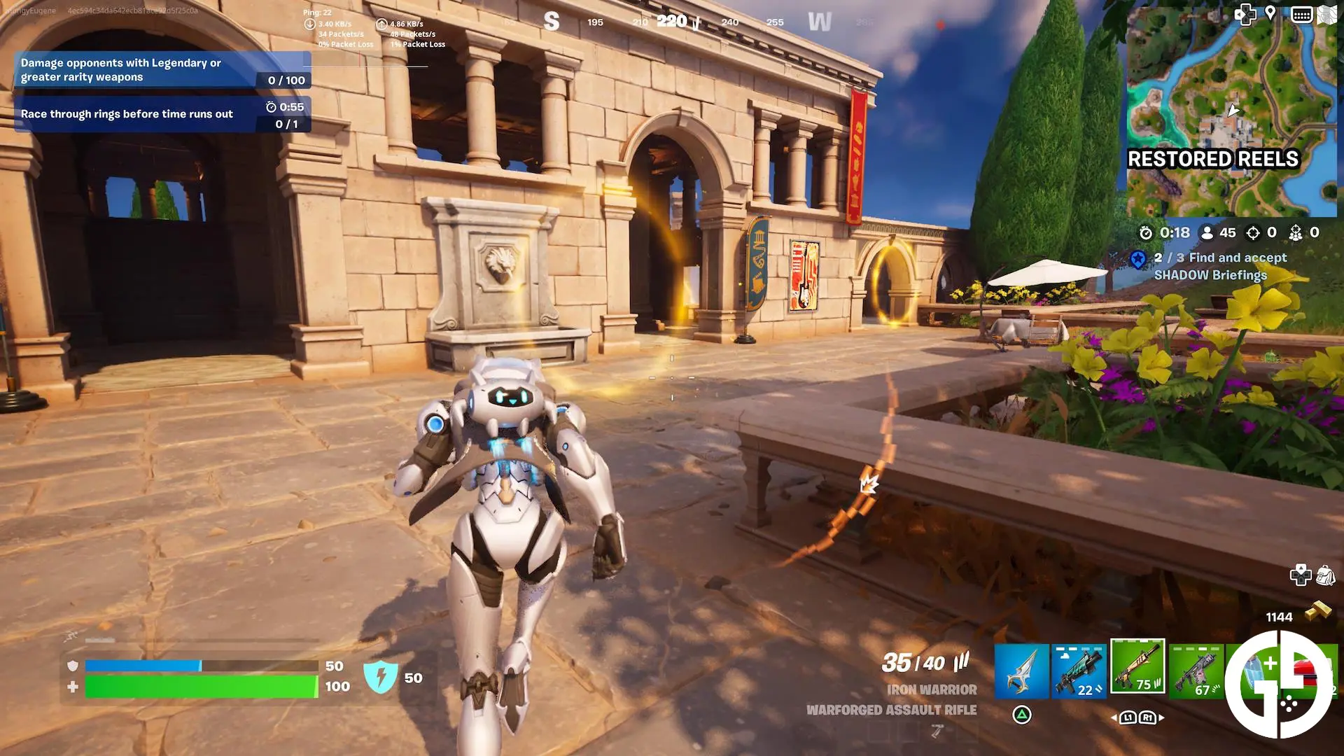 Character running through gold rings in Fortnite