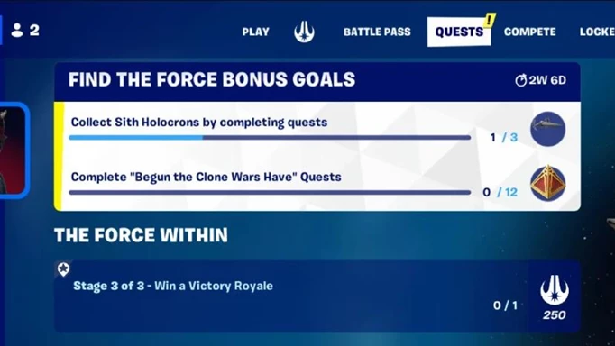 The Find the Force Bonus Goals award Sith Holocrons menu screen