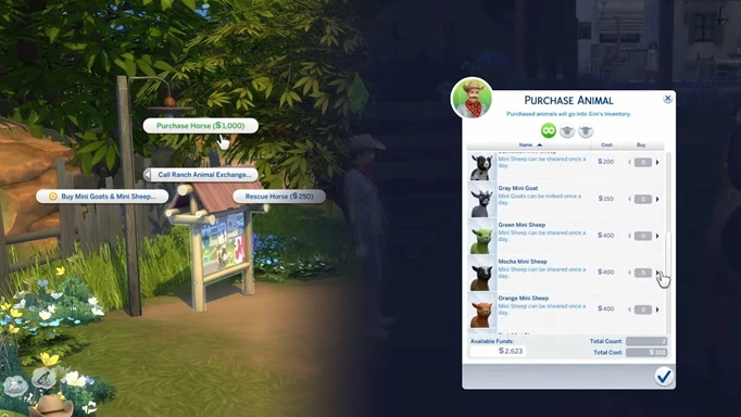 Screenshot showing how to get mini goats & mini sheep in The Sims 4 Horse Ranch