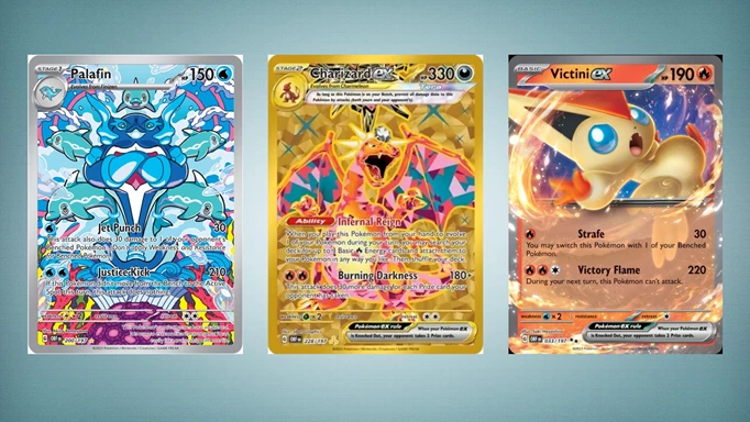 Palafin illustration rare, Gold Charizard ex and Victini ex from Obsidian Flames