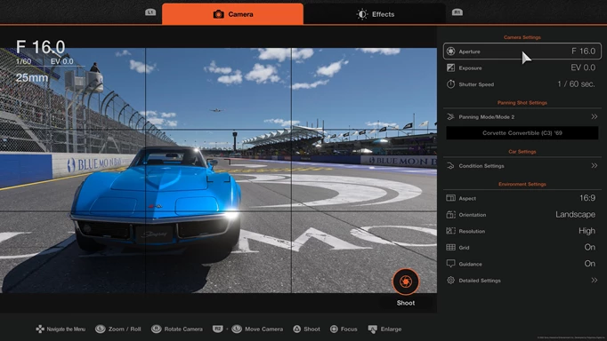 Gran Turismo 7 Photo Mode: Photo Mode lines up a shot with a blue car